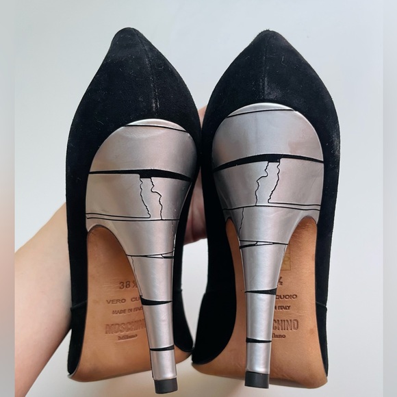 Moschino Authentic Leather Black Suede Metallic Tow-Tone High Heels - Picture 6 of 7